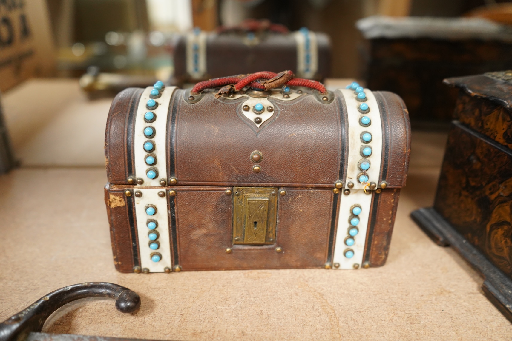 A 19th century brass mounted bayonet together with a tea caddy and a domed casket (a.f)